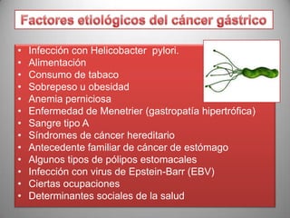 •
•
•
•
•
•
•
•
•
•
•
•
•

Infección con Helicobacter pylori.
Alimentación
Consumo de tabaco
Sobrepeso u obesidad
Anemia perniciosa
Enfermedad de Menetrier (gastropatía hipertrófica)
Sangre tipo A
Síndromes de cáncer hereditario
Antecedente familiar de cáncer de estómago
Algunos tipos de pólipos estomacales
Infección con virus de Epstein-Barr (EBV)
Ciertas ocupaciones
Determinantes sociales de la salud

 