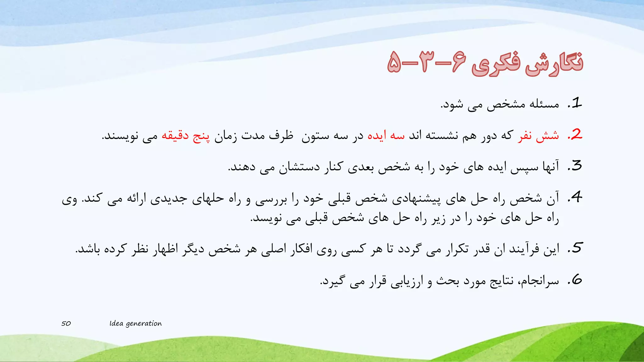 .1‫مسئله‬‫مرخص‬‫می‬‫شود‬.
.2‫شش‬‫نفر‬‫که‬‫دور‬‫هم‬‫نرسته‬‫اند‬‫سه‬‫ایده‬‫در‬‫سه‬‫ستون‬‫ظرف‬‫مدت‬‫زمان‬‫پنج‬‫دقیقه‬‫می‬‫نویسند‬.
.3‫آنها‬‫سپس‬‫ایده‬‫های‬‫خود‬‫را‬‫به‬‫شخص‬‫بعدی‬‫کنار‬‫دستران‬‫می‬‫دهند‬.
.4‫آن‬‫شخص‬‫راه‬‫حل‬‫های‬‫پیرنهادی‬‫شخص‬‫قبلی‬‫خود‬‫را‬‫بررسی‬‫و‬‫راه‬‫حلهای‬‫جدیدی‬‫ارائه‬‫می‬‫کند‬.‫وی‬
‫راه‬‫حل‬‫های‬‫خود‬‫را‬‫در‬‫زیر‬‫راه‬‫حل‬‫های‬‫شخص‬‫قبلی‬‫می‬‫نویسد‬.
.5‫این‬‫فرآیند‬‫ان‬‫قدر‬‫تکرار‬‫می‬‫گردد‬‫تا‬‫هر‬‫کسی‬‫روی‬‫افکار‬‫اصلی‬‫هر‬‫شخص‬‫دیگر‬‫اظهار‬‫نظر‬‫کرده‬‫باشد‬.
.6،‫سرانجام‬‫نتایج‬‫مورد‬‫بحث‬‫و‬‫ارزیابی‬‫قرار‬‫می‬‫گیرد‬.
50 Idea generation
 
