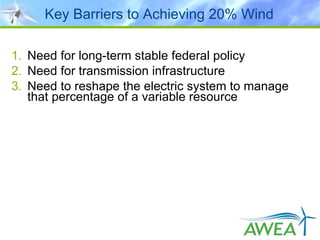 Key Barriers to Achieving 20% Wind Need for long-term stable federal policy Need for transmission infrastructure Need to reshape the electric system to manage that percentage of a variable resource 