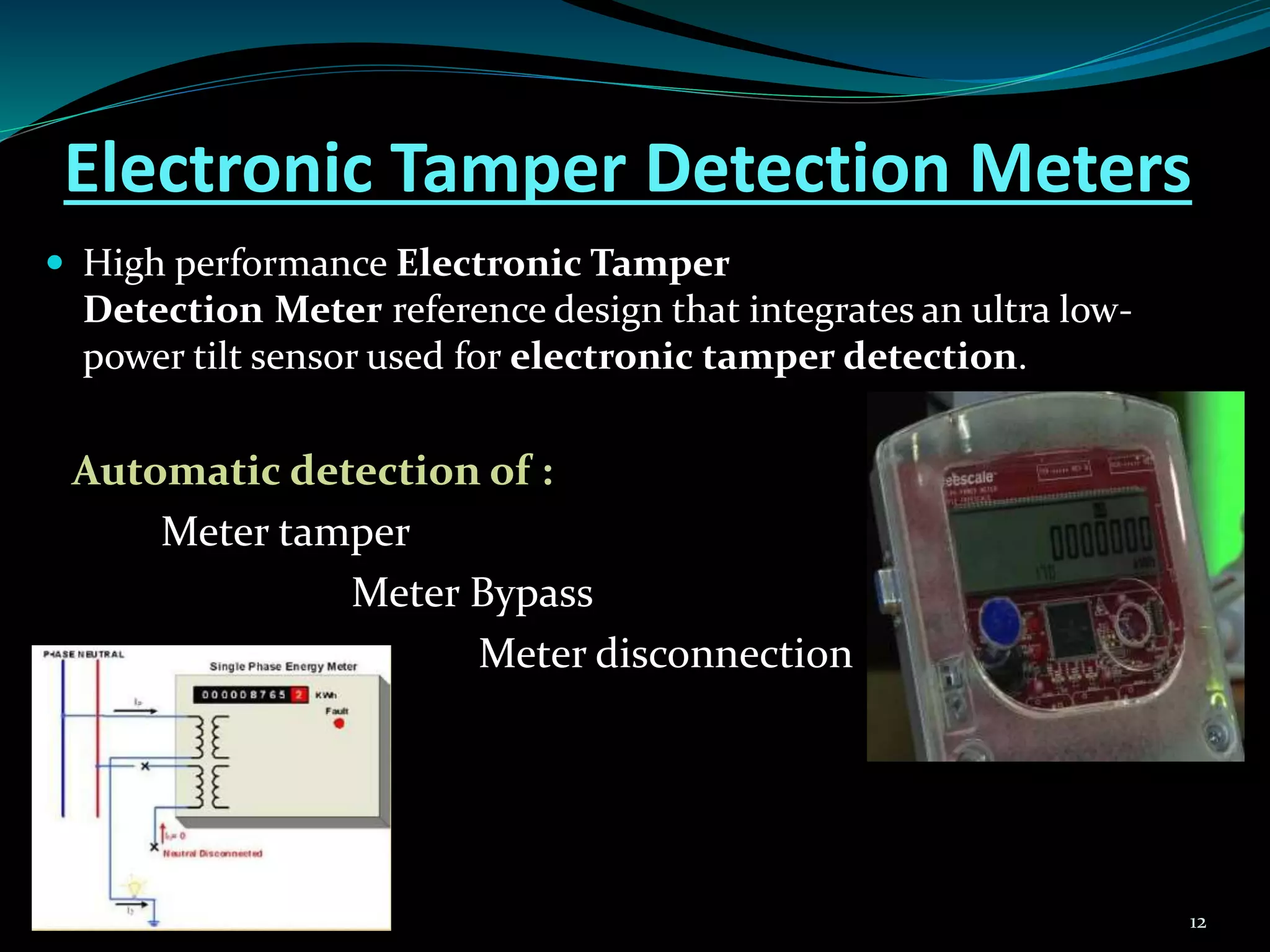 Electronic Tamper Detection Meters
 High performance Electronic Tamper
Detection Meter reference design that integrates an ultra low-
power tilt sensor used for electronic tamper detection.
Automatic detection of :
Meter tamper
Meter Bypass
Meter disconnection
12
 