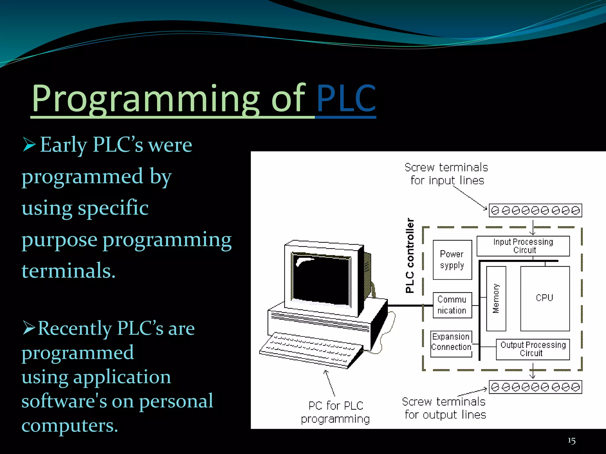 Programming of PLC
Early PLC’s were
programmed by
using specific
purpose programming
terminals.
Recently PLC’s are
programmed
using application
software's on personal
computers.
15
 
