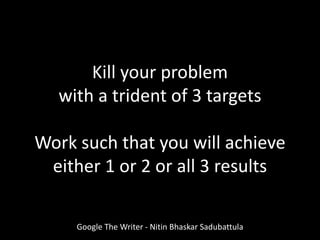 Kill your problem
with a trident of 3 targets
Work such that you will achieve
either 1 or 2 or all 3 results
Google The Writer - Nitin Bhaskar Sadubattula
 