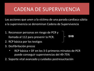 CADENA DE SUPERVIVENCIA
Las acciones que unen a la víctima de una parada cardiaca súbita
a la supervivencia se denominan Cadena de Supervivencia
1. Reconocer personas en riesgo de PCR y
llamada al 112 para prevenir la PCR.
2. RCP básica por los testigos
3. Desfibrilación precoz
• RCP básica + DF en los 3-5 primeros minutos de PCR
puede conseguir supervivencias del 49-75%
2. Soporte vital avanzado y cuidados postresucitación
SVB
 