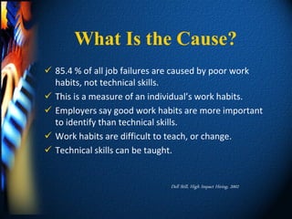 What Is the Cause?
 85.4 % of all job failures are caused by poor work
  habits, not technical skills.
 This is a measure of an individual’s work habits.
 Employers say good work habits are more important
  to identify than technical skills.
 Work habits are difficult to teach, or change.
 Technical skills can be taught.


                              Dell Still, High Impact Hiring, 2002
 