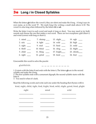 23
3e Long i in Closed Syllables
When the letters gh follow the vowel i, they are silent and make the i long. A long i says its
own name, as in the word "I". We mark long i by writing a small dash above it (ī). The
vowel i is also long when followed by the letters ld or nd.
Write the letter i next to each word and mark it long or short. You may need to try both
sounds and choose the one that makes a real word. There are two exceptions: gild (short i)
and wind (correct with long or short i).
1. mind ____ 7. shrimp ____ 13. slight ____ 19. sigh ____
2. sick ____ 8. light ____ 14. wild ____ 20. high ____
3. right ____ 9. rind ____ 15. hind ____ 21. mild ____
4. thrill ____ 10. blind ____ 16. sling ____ 22. flight ____
5. child ____ 11. thing ____ 17. bright____ 23. shrink____
6. sight ____ 12. grind ____ 18. kind ____ 24. find ____
Unscramble this word to solve the puzzle:
g l a f t h i l s h : __ __ __ __ __ __ __ __ __ __
1. It starts with the letter f and ends with the letter t. The letters gh are in the second
syllable and make the i long.
2. The first syllable ends with a consonant digraph; the second syllable starts with the
letter l.
3. You need it when it’s dark.
Read the following words and write each one under the heading that rhymes with it.
kind, night, child, tight, find, fright, hind, mild, slight, grind, bind, plight
right mind wild
_______________ _______________ _______________
_______________ _______________ _______________
_______________ _______________
_______________ _______________
_______________ _______________
 
