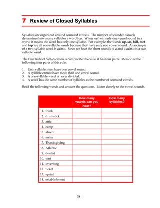 38
7 Review of Closed Syllables
Syllables are organized around sounded vowels. The number of sounded vowels
determines how many syllables a word has. When we hear only one vowel sound in a
word, it means the word has only one syllable. For example, the words up, sat, hill, met
and top are all one-syllable words because they have only one vowel sound. An example
of a two-syllable word is admit. Since we hear the short sounds of a and i, admit is a two-
syllable word.
The First Rule of Syllabication is complicated because it has four parts. Memorize the
following four parts of this rule:
1. Each syllable must have one vowel sound.
2. A syllable cannot have more than one vowel sound.
3. A one-syllable word is never divided.
4. A word has the same number of syllables as the number of sounded vowels.
Read the following words and answer the questions. Listen closely to the vowel sounds.
How many
vowels can you
hear?
How many
syllables?
1. think
2. drumstick
3. attic
4. camp
5. absent
6. swim
7. Thanksgiving
8. Atlantic
9. dentist
10. tent
11. inventing
12. ticket
13. sprint
14. establishment
 