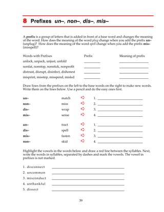 39
8 Prefixes un–, non–, dis–, mis–
A prefix is a group of letters that is added in front of a base word and changes the meaning
of the word. How does the meaning of the word plug change when you add the prefix un–
(unplug)? How does the meaning of the word spell change when you add the prefix mis–
(misspell)?
Words with Prefixes Prefix Meaning of prefix
unlock, unpack, unjust, unfold __________ __________________
nonfat, nonstop, nonstick, nonprofit __________ __________________
distrust, disrupt, disinfect, dishonest __________ __________________
misprint, misstep, misspend, misled __________ __________________
Draw lines from the prefixes on the left to the base words on the right to make new words.
Write them on the lines below. Use a pencil and do the easy ones first.
un– match ➪ 1. ____________________________
non– miss ➪ 2. ____________________________
dis– wrap ➪ 3. ____________________________
mis– sense ➪ 4. ____________________________
un– tract ➪ 1. ____________________________
dis– spell ➪ 2. ____________________________
mis– fasten ➪ 3. ____________________________
non– skid ➪ 4. ____________________________
Highlight the vowels in the words below and draw a red line between the syllables. Next,
write the words in syllables, separated by dashes and mark the vowels. The vowel in
prefixes is not marked.
1. disconnect _____________________________________________
2. uncommon _____________________________________________
3. misconduct _____________________________________________
4. unthankful _____________________________________________
5. dissect _____________________________________________
 