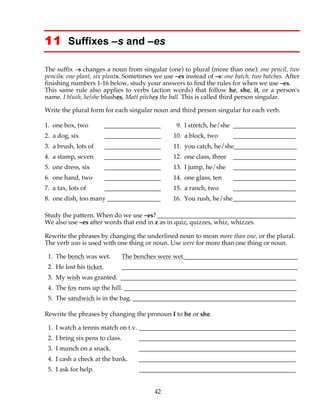 42
11 Suffixes –s and –es
The suffix –s changes a noun from singular (one) to plural (more than one): one pencil, two
pencils; one plant, six plants. Sometimes we use –es instead of –s: one batch, two batches. After
finishing numbers 1-16 below, study your answers to find the rules for when we use –es.
This same rule also applies to verbs (action words) that follow he, she, it, or a person's
name. I blush, he/she blushes, Matt pitches the ball. This is called third person singular.
Write the plural form for each singular noun and third person singular for each verb.
1. one box, two __________________ 9. I stretch, he/she ____________________
2. a dog, six __________________ 10. a block, two ____________________
3. a brush, lots of __________________ 11. you catch, he/she____________________
4. a stamp, seven __________________ 12. one class, three ____________________
5. one dress, six __________________ 13. I jump, he/she ____________________
6. one hand, two __________________ 14. one glass, ten ____________________
7. a tax, lots of __________________ 15. a ranch, two ____________________
8. one dish, too many _________________ 16. You rush, he/she____________________
Study the pattern. When do we use –es? ____________________________________________
We also use –es after words that end in z as in quiz, quizzes, whiz, whizzes.
Rewrite the phrases by changing the underlined noun to mean more than one, or the plural.
The verb was is used with one thing or noun. Use were for more than one thing or noun.
1. The bench was wet. The benches were wet.____________________________________
2. He lost his ticket. ________________________________________________________
3. My wish was granted. ________________________________________________________
4. The fox runs up the hill. _______________________________________________________
5. The sandwich is in the bag. ____________________________________________________
Rewrite the phrases by changing the pronoun I to he or she.
1. I watch a tennis match on t.v. __________________________________________________
2. I bring six pens to class. __________________________________________________
3. I munch on a snack. __________________________________________________
4. I cash a check at the bank. __________________________________________________
5. I ask for help. __________________________________________________
 