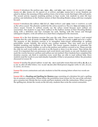 11
Lesson 8 introduces the prefixes un–, non–, dis–, and mis–; un– means not, the opposite of, non–
means not, dis– means not, the opposite of, or without, and mis– means bad or wrong. Students are
asked to deduce the meaning of these prefixes from a list of four words that begin with each prefix.
The second activity requires matching prefixes to base words. Ask students to enter the four
prefixes and definitions in the Prefixes section of their Decoding Binders along with four examples
for each.
Lesson 9 introduces the suffixes –ful (full of), –less (without), and –ness, (state or condition), as well
as the schwa sound. The phonetic symbol for the schwa sound is əә. The e in –less and–ness says the
schwa sound. Vowels in suffixes usually say the schwa sound because most suffixes are
unaccented. Ask students to copy these suffixes in the Suffixes section of their Decoding Binders
along with a definition and four examples for each. Starting with this lesson and through
subsequent chapters, write all suffixes on a chart that is displayed in the classroom.
Lesson 10 is the first dictation exercise that uses the code. Please review Lesson 1 and remind
students that the code cl stands for closed syllable. The code for a prefix is pref and s for a suffix.
The purpose of this dictation exercise is to strengthen letter-sound relationships in spelling
polysyllabic words. Initially, this activity may confuse students. They may need you to give
detailed modeling and feedback on the board. This lesson requires students to remember the
configuration of closed syllables, as well as the prefixes and suffixes covered so far. Please provide
the code for each word orally and write it on the board or show it on the screen. Then dictate the
word. It is important that you pronounce each word slowly and clearly as one unit. Students must
mark the vowels; however, prefixes and suffixes are not marked. Once students have completed the
dictation exercise, ask them to underline every word they are able to read without help. Have
students read the words to you individually if possible. If that is not practical, follow the procedure
discussed in Lesson 3b.
Lesson 11 teaches the plural suffixes –s and –es; –es is used after nouns that end with s, sh, ch, z, or
x, use –s, after all other letters. Use –s and –es also after third person singular verbs: he calls, she acts,
he catches, she dresses.
Lesson 12a covers contractions and asks students to find the missing letters where two words are
joined.
Lesson 12b is a Reading and Spelling for Mastery page consisting of a dictation list and a spelling
list of common contractions. Please follow the procedures from Lesson 2d. For one of the activities,
give a practice test. Dictate the two words and have students write the contractions. When you give
the spelling test, dictate the words on the left only; students then write the correct contraction.
 