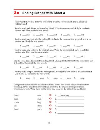 15
2c Ending Blends with Short a
Many words have two different consonants after the vowel sound. This is called an
ending blend.
Say the word and. Listen to the ending blend. Write the consonants l, h, b, br, and st in
front of and. Then read the new words.
1. ____and 2. ____and 3. ____and 4. ____and 5. ____and
Say the word ant. Listen to the ending blend. Write the consonants r, gr, pl, sl, and sc in
front of ant. Read the new words.
1. ____ant 2. ____ant 3. ____ant 4. ____ant 5. ____ant
Say the word ask. Listen to the ending blend. Write the consonants t, m, b, c, and fl in
front of ask. Then read the new words.
1. ____ask 2. ____ask 3. ____ask 4. ____ask 5. ____ask
Say the word mast. Listen to the ending blend. Change the first letter to the consonants l, p,
c, f, and bl. Then read the new words.
1. ____ast 2. ____ast 3. ____ast 4. ____ast 5. ____ast
Say the word camp. Listen to the ending blend. Change the first letter to the consonants r,
l, d, cl, and st. Then read the new words.
1. ____amp 2. ____amp 3. ____amp 4. ____amp 5. ____amp
Compound words connect two short words to form a new word, which combines both
meanings. Draw lines from the words on the left to the ones on the right to make
compound words. Write them on the lines. One word on the left will be used twice.
hand nap ➪ 1. ___handbag_______________
back man ➪ 2. ___________________________
crafts bag ➪ 3. ___________________________
cat stand ➪ 4. ___________________________
band pack ➪ 5. ___________________________
➪ 6. ___________________________
 