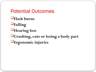 Potential Outcomes
Flash burns
Falling
Hearing loss
Crushing, cuts or losing a body part
Ergonomic injuries
 