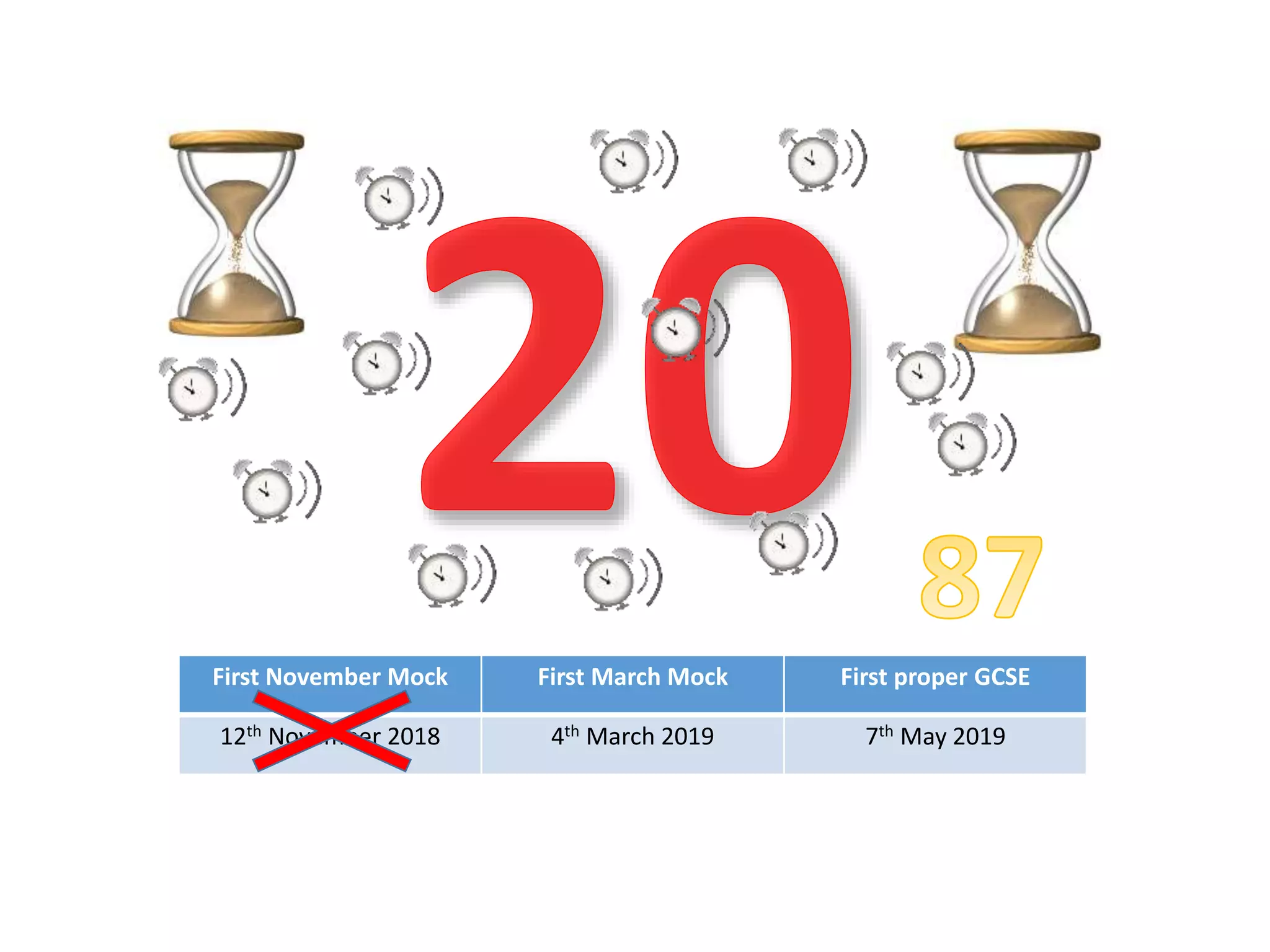 First November Mock First March Mock First proper GCSE
12th November 2018 4th March 2019 7th May 2019
 