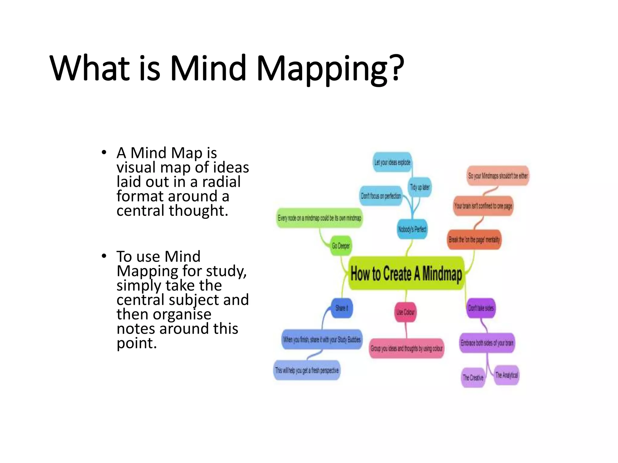 What is Mind Mapping?
• A Mind Map is
visual map of ideas
laid out in a radial
format around a
central thought.
• To use Mind
Mapping for study,
simply take the
central subject and
then organise
notes around this
point.
 