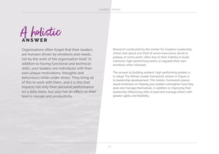 C A R O L YA N G
1 7
A holisticA N S W E R
Organisations often forget that their leaders
are humans driven by emotions and needs,
not by the work of the organisation itself. In
addition to having functional and technical
skills, your leaders are individuals with their
own unique motivations, thoughts and
behaviours while under stress. They bring all
of this to work with them, and it is this that
impacts not only their personal performance
on a daily basis, but also has an effect on their
team’s morale and productivity.
Research conducted by the Center for Creative Leadership
shows that about one third of senior executives derail or
plateau at some point, often due to their inability to build
cohesive, high-performing teams or regulate their own
emotions when stressed.
The answer to building resilient, high-performing leaders is
to adopt The Whole Leader framework (shown in Figure 2)
to leadership development. This holistic framework places
equal emphasis on helping your leaders strengthen how they
lead and manage themselves, in addition to improving their
leadership influencing skills to lead and manage others with
greater agility and flexibility.
 