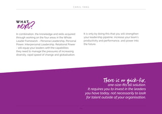 C A R O L YA N G
2 4
In combination, the knowledge and skills acquired
through working on the four areas in the Whole
Leader framework – Personal Leadership, Personal
Power, Interpersonal Leadership, Relational Power
- will equip your leaders with the capabilities
they need to manage the pressures of increasing
diversity, rapid speed of change and globalisation.
W H AT
next? It is only by doing this that you will strengthen
your leadership pipeline, increase your team’s
productivity and performance, and power into
the future.
one-size-fits all solution.
It requires you to invest in the leaders
you have today, not necessarily to look
for talent outside of your organisation.
There is no quick-fix,
 