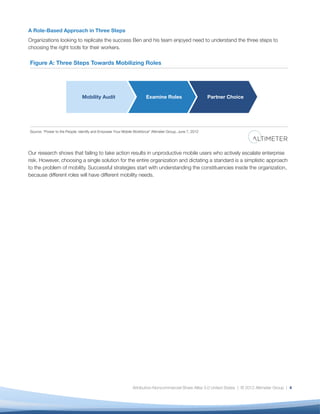 A Role-Based Approach in Three Steps
Organizations looking to replicate the success Ben and his team enjoyed need to understand the three steps to
choosing the right tools for their workers.

Figure A: Three Steps Towards Mobilizing Roles




                               Mobility Audit                         Examine Roles                       Partner Choice




Source: “Power to the People: Identify and Empower Your Mobile Workforce” Altimeter Group, June 7, 2012




Our research shows that failing to take action results in unproductive mobile users who actively escalate enterprise
risk. However, choosing a single solution for the entire organization and dictating a standard is a simplistic approach
to the problem of mobility. Successful strategies start with understanding the constituencies inside the organization,
because different roles will have different mobility needs.




                                                              Attribution-Noncommercial-Share Alike 3.0 United States | © 2012 Altimeter Group | 4
 