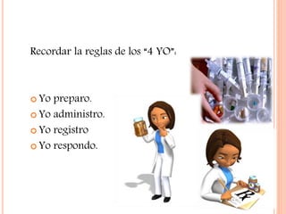 Recordar la reglas de los “4 YO”:
 Yo preparo.
 Yo administro.
 Yo registro
 Yo respondo.
 