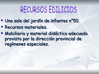 Una sala del jardín de infantes n°50.  Recursos materiales.  Mobiliario y material didáctico adecuado provisto por la dirección provincial de regímenes especiales.  RECURSOS EDILICIOS 