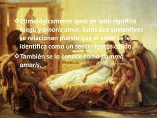 Etimológicamente Ignis en latín significa fuego y amoris amor. Estos dos sustantivos se relacionan puesto que el amor se le identifica como un sentimientos cálido.