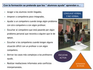 Con la formación se pretende que los “ alumnos ayuda” aprendan a…  Acoger a los alumnos recién llegados.