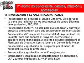 1º -Toma de conciencia, debate, difusión y aprobación1º INFORMACIÓN A LA COMUNIDAD EDUCATIVA:  Presentación del proyecto al Equipo Directivo. Si se aprueba se tiene que legitimar en los documentos de centro (Normas de organización, PEC, PGA…)Presentación al AMPA, no sólo para que conozcan y apoyen el proyecto sino también para que colaboren en su financiación. Presentación al Concejal de Juventud del M.I Ayutamiento de Caudete  para que conozca el Proyecto, cuente con él y colabore en su financiación. A lo largo del curso colaborará el Plan Local de Drogas, el Centro Joven y el Centro de la Mujer.Presentación y aprobación del programa por al menos la mitad del claustro de profesores.Presentación y aprobación por el Consejo escolar. Información y sensibilización departamento de orientación, CCP y tutores implicados. (1º y 2º de la ESO)