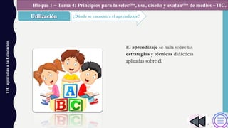 TICaplicadasalaEducación
¿Dónde se encuentra el aprendizaje?
Bloque 1 ~ Tema 4: Principios para la selección, uso, diseño y evaluación de medios ~TIC.
El aprendizaje se halla sobre las
estrategias y técnicas didácticas
aplicadas sobre él.
 
