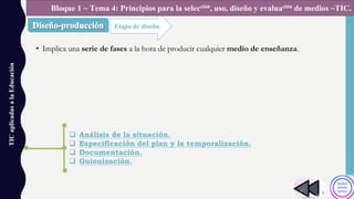 • Implica una serie de fases a la hora de producir cualquier medio de enseñanza.
TICaplicadasalaEducación
Etapa de diseño.
Bloque 1 ~ Tema 4: Principios para la selección, uso, diseño y evaluación de medios ~TIC.
q Análisis de la situación.
q Especificación del plan y la temporalización.
q Documentación.
q Guionización.
 