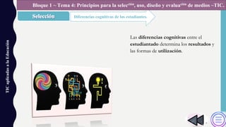 TICaplicadasalaEducación
Diferencias cognitivas de los estudiantes.
Bloque 1 ~ Tema 4: Principios para la selección, uso, diseño y evaluación de medios ~TIC.
Las diferencias cognitivas entre el
estudiantado determina los resultados y
las formas de utilización.
 