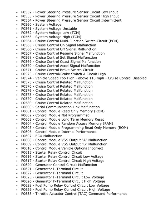 Powertrain Codes DTC list