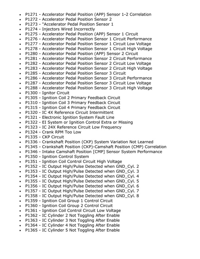 Powertrain Codes DTC list