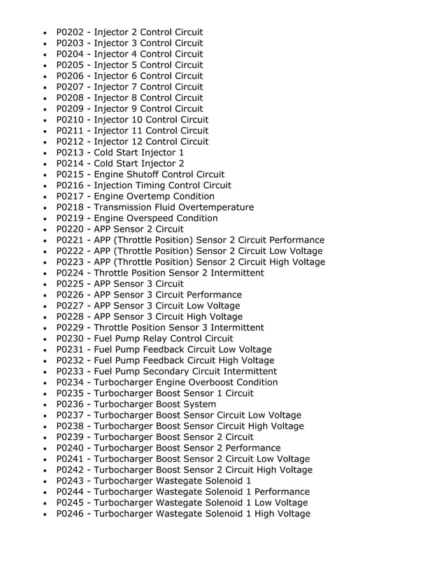 Powertrain Codes DTC list