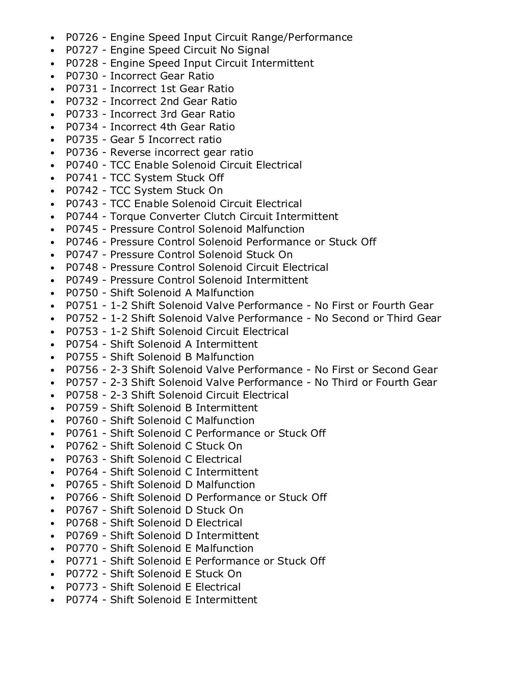 Powertrain Codes DTC list