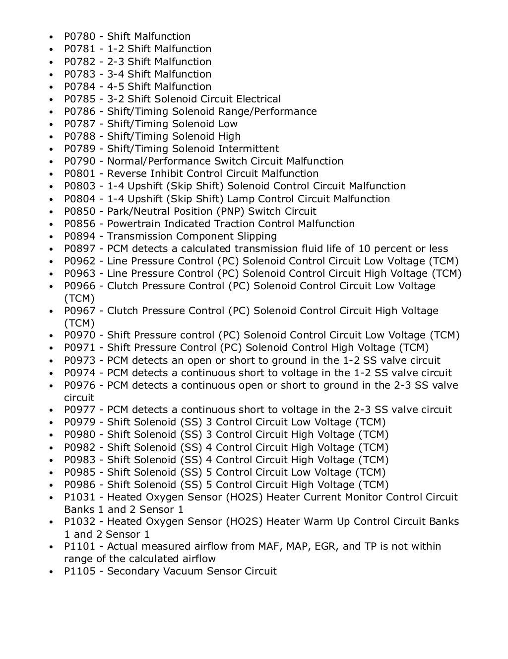 Powertrain Codes DTC list