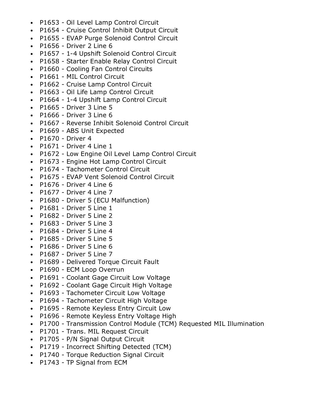 Powertrain Codes DTC list