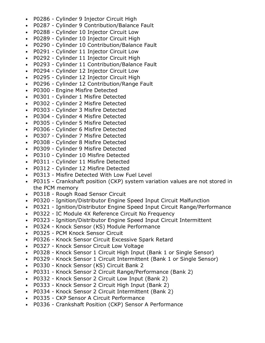 Powertrain Codes DTC list