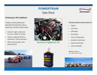  1 
131001 
POWERTRAINPOWERTRAINPOWERTRAIN
Data Sheet
Increases Equipment LifeIncreases Equipment LifeIncreases Equipment Life
Contains extreme performance
lubrication that effectively reduces
friction due to metal-to-metal contact:
 Increases engine compression
by 10 psi / cylinder on average.
 Improves equipment efficiency,
performance, and life expectancy.
 Will not void warranties and is
guaranteed safe.
Performance Oil ConditionerPerformance Oil ConditionerPerformance Oil Conditioner
Prevents metal-to-metal contact in:
 Engines
 Gear boxes
 Differentials
 Wet-clutches
 Power-steering pumps
 Automatic transmissions
 Manual transmissions
 Oil base hydraulics
Mix Ratio all applications:
3% = 30ml / Litre (1 oz./qt.)
 