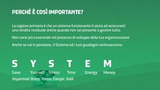 PERCHÉ È COSÌ IMPORTANTE?
La ragione primaria è che un sistema funzionante ti aiuta ad assicurarti
una rendita residuale anche quando non sei presente a gestire tutto.
Non sarai più essenziale nel processo di sviluppo della tua organizzazione
Anche se vai in pensione, il Sistema ed i tuoi guadagni continueranno.

Risparmiati Stress, Tempo, Energie, Soldi

 