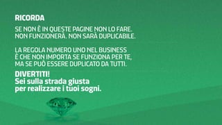 RICORDA
SE NON È IN QUESTE PAGINE NON LO FARE.
NON FUNZIONERÀ. NON SARÀ DUPLICABILE.
LA REGOLA NUMERO UNO NEL BUSINESS
È CHE NON IMPORTA SE FUNZIONA PER TE,
MA SE PUÒ ESSERE DUPLICATO DA TUTTI.

DIVERTITI!
Sei sulla strada giusta
per realizzare i tuoi sogni.

 