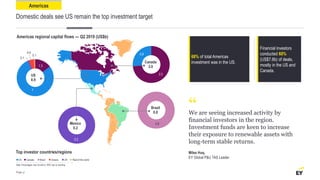 We are seeing increased activity by
financial investors in the region.
Investment funds are keen to increase
their exposure to renewable assets with
long-term stable returns.
Miles Huq,
EY Global P&U TAS Leader
68% of total Americas
investment was in the US.
Financial investors
conducted 60%
(US$7.8b) of deals,
mostly in the US and
Canada.
Domestic deals see US remain the top investment target
Americas
“
Page 17
0.8
Brazil
0.8
2.2
0.8
Canada
3.0
0.2
Mexico
0.2
1.3
7
0.1
0.4
0.1
US
8.9
Top investor countries/regions
Note: Percentages may not add to 100% due to rounding.
US Canada UKBrazil Greece Rest of the world
Americas regional capital flows — Q2 2019 (US$b)
 