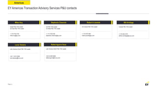 EY Americas Transaction Advisory Services P&U contacts
Miles Huq Stephanie Chesnick Robert A Jozwiak
Global P&U TAS Leader
US East P&U TAS Leader
+1 410 783 3735
miles.huq@ey.com
US P&U TAS Leader
US West P&U TAS Leader
+1 713 750 8192
stephanie.chesnick@ey.com
US Central P&U TAS Leader
+1 312 879 3461
robert.jozwiak@ey.com
Lucio Teixeira Rafael Aguirre Sosa
Latin America South P&U TAS Leader Latin America North P&U TAS Leader
+52 55 5283 8650
rafael.aguirre@mx.ey.com
+55 11 2573 3008
lucio.teixeira@br.ey.com
Bill Armitage
Canada P&U TAS Leader
+1 416 943 2373
william.armitage@ca.ey.com
Americas
Page 22
 