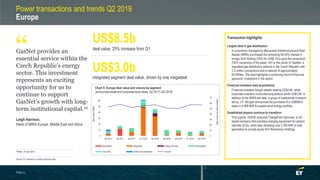 Power transactions and trends Q2 2019
Europe
GasNet provides an
essential service within the
Czech Republic’s energy
sector. This investment
represents an exciting
opportunity for us to
continue to support
GasNet’s growth with long-
term institutional capital.10
Leigh Harrison,
Head of MIRA Europe, Middle East and Africa
deal value, 25% increase from Q1
US$8.5b
integrated segment deal value, driven by one megadeal
US$3.0b
Chart 9: Europe deal value and volume by segment
(announced asset and corporate-level deals, Q2 2017–Q2 2019)
Source: EY analysis on publicly disclosed data
“
Page 24
0
10
20
30
40
50
60
70
0
10
20
30
40
50
60
Q2 2017 Q3 2017 Q4 2017 Q1 2018 Q2 2018 Q3 2018 Q4 2018 Q1 2019 Q2 2019
Dealvolume(numberofdeals)
Dealvalue(US$b)
Generation Integrated Energy services Renewables
Gas utility Water and wastewater Volume
Transaction highlights
Largest deal in gas distribution
• A consortium managed by Macquarie Infrastructure and Real
Assets (MIRA) purchased the remaining 50.05% interest in
Innogy Grid Holding (iGH) for US$2.1b to give the consortium
100% ownership of the asset. iGH is the owner of GasNet, a
regulated gas distribution network in the Czech Republic with
2.3 million connections and a network of approximately
65,000km. The deal highlights a continuing trend of financial
sponsors’ investment in the sector.
Financial investors lead acquisitions
• Financial investors bought assets totaling US$4.6b, while
corporate investors conducted acquisitions worth US$3.9b. In
addition to the MIRA-led deal, a group of institutional investors
led by J.P. Morgan announced the purchase of a US$900m
stake in a 998 MW European wind energy portfolio.
Established players continue to transform
• This quarter, ENGIE acquired ChargePoint Services, a UK-
based company that provides charging equipment for electric
vehicles (EVs), while also divesting over 2,300 MW of coal
generation to private equity firm Riverstone Holdings.
10MIRA, 29 April 2019.
 