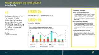 Power transactions and trends Q2 2019
Asia-Pacific
China continues to be
the engine driving
M&A activity in Asia-
Pacific; however, Q2
saw significant interest
in Indian power and
utility assets.
Mile Huq,
EY Global P&U TAS Leader
US$5.2b
total deal value, a 27% increase from Q1 2019
US$1.9b
renewables deal value
Chart 11: Asia-Pacific deal value and volume by segment
(announced asset and corporate-level deals, Q2 2017–Q2 2019)
“
Page 33
Transaction highlights
Largest deal in integrated segment
• Q2’s biggest transaction was led by IndiGrid, a portfolio
company of US-based private equity firms GIC Private
Limited and Kohlberg Kravis Roberts & Co. L.P, in a
deal that acquired US$0.8b of transmission assets from
Sterlite Power.
Sector convergence continues
• In a US$0.4b deal, Malaysian oil and gas company
Petroliam Nasional Berhad (PETRONAS) acquired
India’s Amplus Energy Solutions Private Limited, which
owns and operates distributed rooftop solar power
projects.
Transactions in generation continue
• Seven deals in generation (gas and coal) contributed a
disclosed deal value of US$0.8b. All but one of these
deals were done by utilities in China, India, Australia and
Kazakhstan.
0
10
20
30
40
50
60
0
5
10
15
20
25
Q2 2017 Q3 2017 Q4 2017 Q1 2018 Q2 2018 Q3 2018 Q4 2018 Q1 2019 Q2 2019
Dealvolume(numberofdeals)
Dealvalue(US$b)
Generation Integrated utility Energy services Renewables
Gas utility Water and wastewater Volume
 