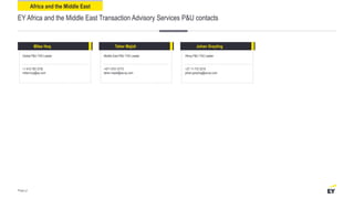 Africa and the Middle East
EY Africa and the Middle East Transaction Advisory Services P&U contacts
Page 47
Global P&U TAS Leader Middle East P&U TAS Leader Africa P&U TAS Leader
Miles Huq Taher Majidi Johan Greyling
+1 410 783 3735
miles.huq@ey.com
+971 4701 0773
taher.majidi@ae.ey.com
+27 11 772 4219
johan.greyling@za.ey.com
 