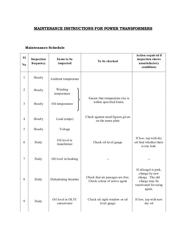 Power transformer maintenance schedule