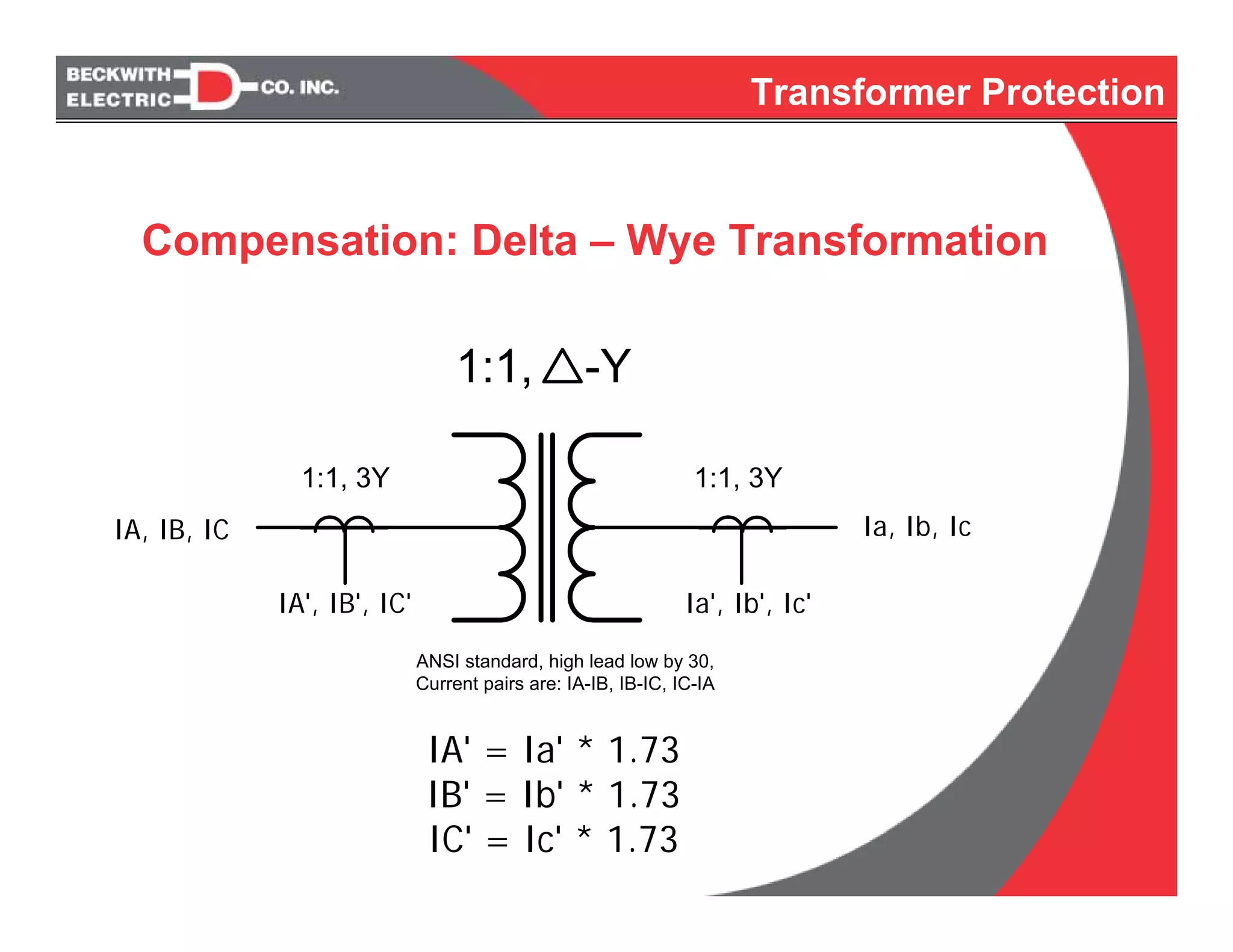 1:1, -Y
1:1, 3Y1:1, 3Y
IA, IB, IC Ia, Ib, Ic
IA' = Ia' * 1.73
IB' = Ib' * 1.73
IC' = Ic' * 1.73
ANSI standard, high lead low by 30,
Current pairs are: IA-IB, IB-IC, IC-IA
IA', IB', IC' Ia', Ib', Ic'
Compensation: Delta – Wye Transformation
Transformer Protection
 