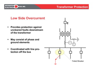 Failed Breaker
51
51
G
Provides protection against
uncleared faults downstream
of the transformer
May consist of phase and
ground elements
Coordinated with line pro-
tection off the bus
Low Side Overcurrent
Transformer Protection
 