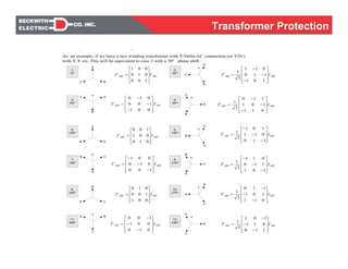 ABCABC II
⎥
⎥
⎥
⎦
⎤
⎢
⎢
⎢
⎣
⎡
=
100
010
001
' ABCABC II
⎥
⎥
⎥
⎦
⎤
⎢
⎢
⎢
⎣
⎡
−
−
−
=
101
110
011
3
1
'
A
C B
C
B
A
A
C
B
B
C A
C
B A
A
B C
B
A C
C
A B
B
A
C
C
B
A
A
C
B
ABCABC II
⎥
⎥
⎥
⎦
⎤
⎢
⎢
⎢
⎣
⎡
−
−
−
=
001
100
010
'
ABCABC II
⎥
⎥
⎥
⎦
⎤
⎢
⎢
⎢
⎣
⎡
=
010
001
100
'
ABCABC II
⎥
⎥
⎥
⎦
⎤
⎢
⎢
⎢
⎣
⎡
−
−
−
=
100
010
001
'
ABCABC II
⎥
⎥
⎥
⎦
⎤
⎢
⎢
⎢
⎣
⎡
=
001
100
010
'
ABCABC II
⎥
⎥
⎥
⎦
⎤
⎢
⎢
⎢
⎣
⎡
−
−
−
=
010
001
100
'
ABCABC II
⎥
⎥
⎥
⎦
⎤
⎢
⎢
⎢
⎣
⎡
−
−
−
=
011
101
110
3
1
'
ABCABC II
⎥
⎥
⎥
⎦
⎤
⎢
⎢
⎢
⎣
⎡
−
−
−
=
110
011
101
3
1
'
ABCABC II
⎥
⎥
⎥
⎦
⎤
⎢
⎢
⎢
⎣
⎡
−
−
−
=
101
110
011
3
1
'
ABCABC II
⎥
⎥
⎥
⎦
⎤
⎢
⎢
⎢
⎣
⎡
−
−
−
=
011
101
110
3
1
'
1:
0O
3:
60O
5:
120O
7:
180O
9:
240O
11:
300O
B
A
C
ABCABC II
⎥
⎥
⎥
⎦
⎤
⎢
⎢
⎢
⎣
⎡
−
−
−
=
110
011
101
3
1
'
2:
30O
4:
90O
6:
150O
8:
210O
10:
270O
12:
330O
y g
As an example, if we have a two winding transformer with Y/Delta-AC connection (or YD1)
with Y-Y cts. This will be equivalent to case 2 with a 30o phase shift.
Transformer Protection
 