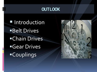 Introduction
Belt Drives
Chain Drives
Gear Drives
Couplings
OUTLOOK
 