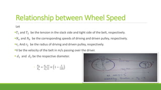 Relationship between Wheel Speed
Let
𝑇1 and 𝑇2 be the tension in the slack side and tight side of the belt, respectively.
𝑁𝑎 and 𝑁𝑏 be the corresponding speeds of driving and driven pulley, respectively.
𝑟1 And 𝑟2 be the radius of driving and driven pulley, respectively.
V be the velocity of the belt in m/s passing over the driver.
 𝑑1 and 𝑑2 be the respective diameter.
◦
𝑁 𝑏
𝑁 𝑎
=
𝑑1 +𝑡
𝑑2+𝑡
× 1 −
𝑆
100
 