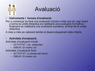 Avaluació Instruments i  formes d’avaluació. Per a començar es farà una avaluació inicial,a mida que es vagi duent a terme la unitat didactica es realitzarà una avaluació formativa, i finalment es realitzarà una avaluació sumativa, al final de la unitat didàctica.  A més a més es valorarà també el desenvolupament dels infants. Activitats d’avaluació. Activitats d’avaluació inicial :  ACTIVITAT: Les  preguntes  DIBUIX: El nostre cos  Activitats d’avaluació final :  ACTIVITAT: La silueta del nen/a  DIBUIX: El nostre cos  